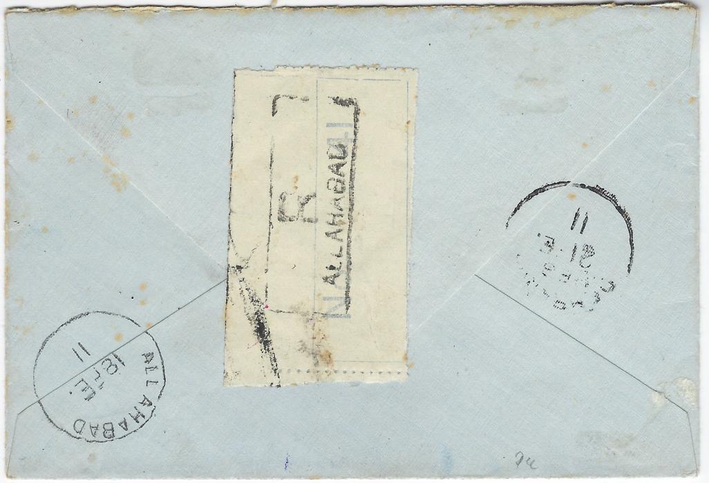 India 1911 (18 FE) registered envelope endorsed “By 1st Aerial Post”, franked 1902 4a. tied large FIRST AERIAL POST/ U.P. Exhibition Allahabad pictorial handstamp, with another strike at bottom left, reverse with registration label, Allahabad and arrival cancels.