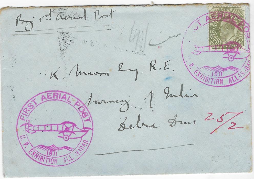 India 1911 (18 FE) registered envelope endorsed “By 1st Aerial Post”, franked 1902 4a. tied large FIRST AERIAL POST/ U.P. Exhibition Allahabad pictorial handstamp, with another strike at bottom left, reverse with registration label, Allahabad and arrival cancels.