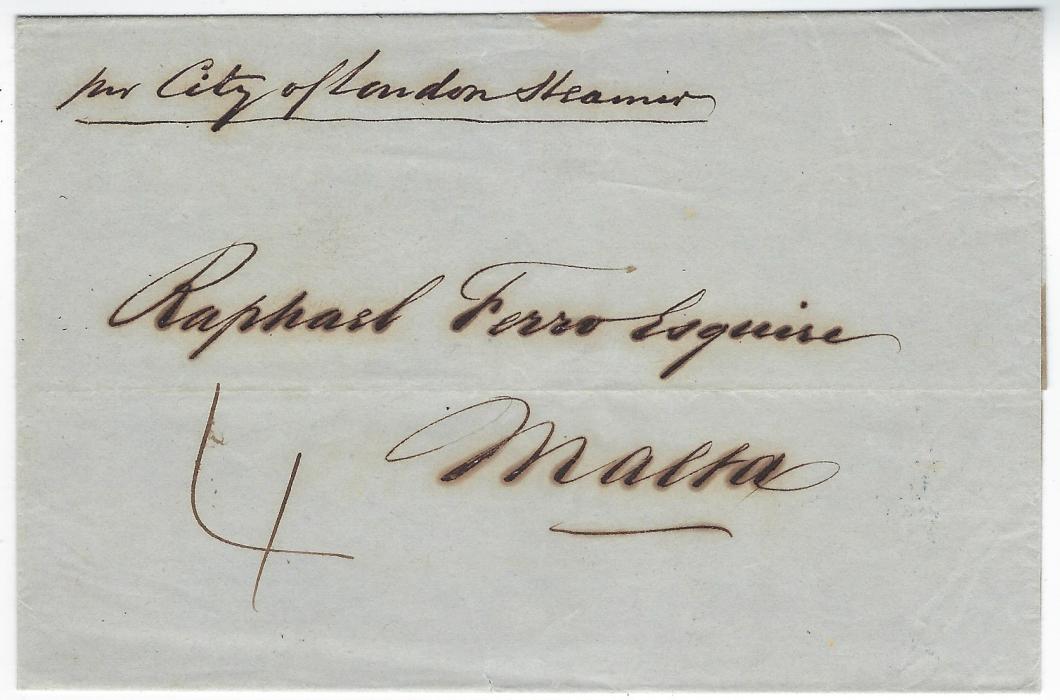 Gibraltar 1853 outer letter sheet, endorsed inside “Enclosing letter for Smyrna” to Malta, manuscript “4” on front as well as “per City of London Steamer” and reverse three-line GIBRALTAR/ 4FE4 1853/ SHIP LETTER handstamp.