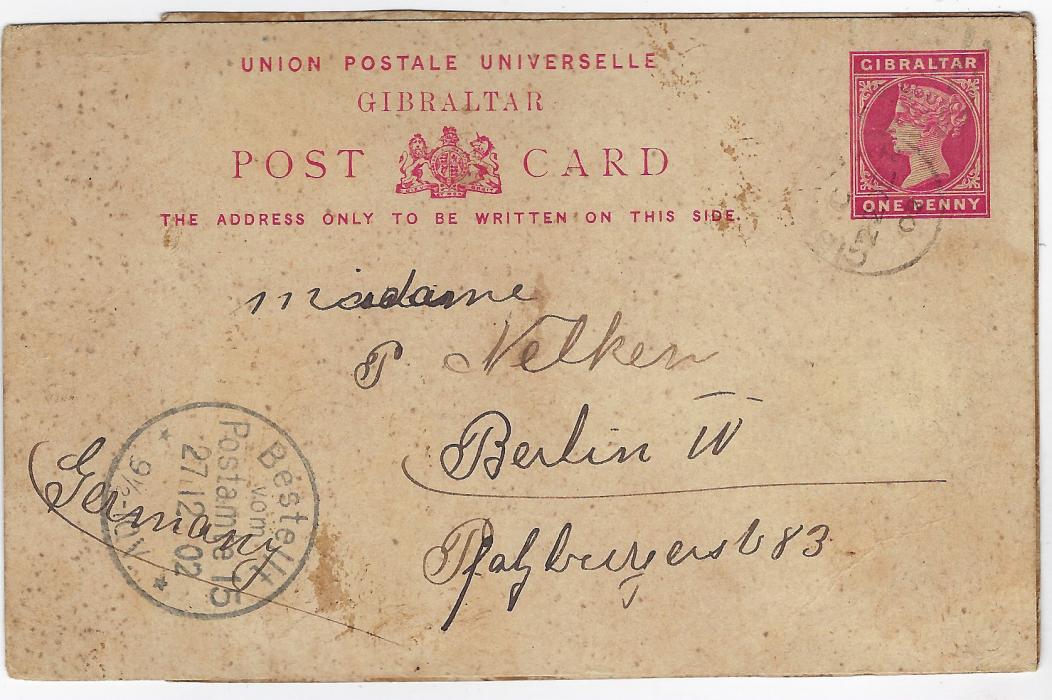 Gibraltar 1902 (23.12.) 1d postal stationery card with photographic image adhered to reverse, titled ‘Wishing You/ A Merry Christmas’ and short message, to Berlin with despatch and arrival cancels.