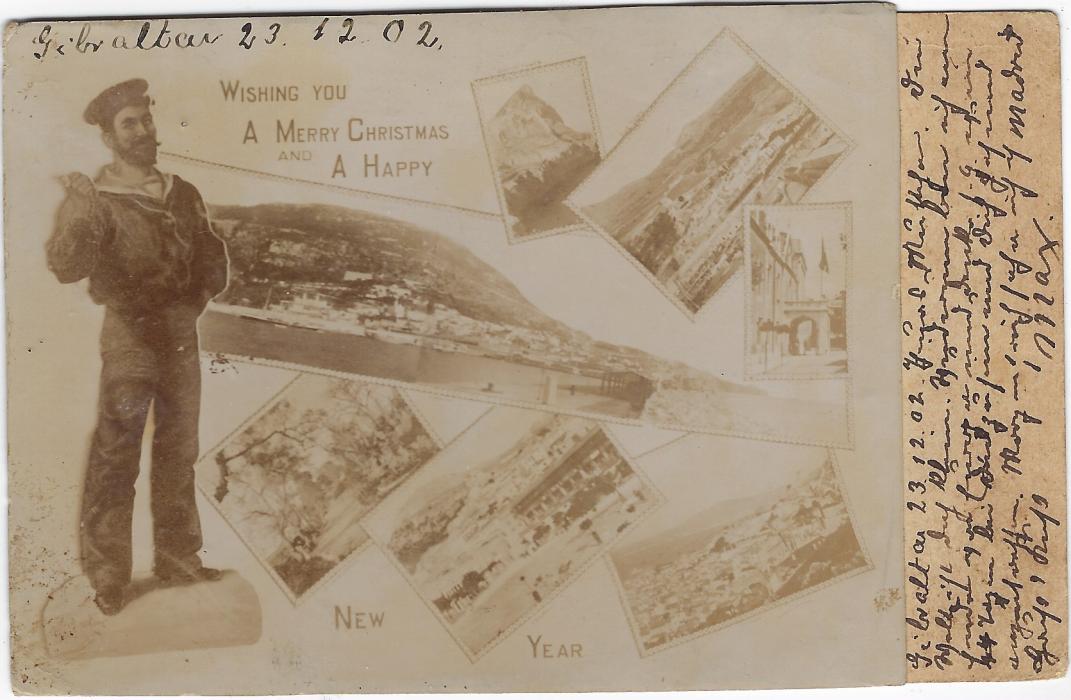 Gibraltar 1902 (23.12.) 1d postal stationery card with photographic image adhered to reverse, titled ‘Wishing You/ A Merry Christmas’ and short message, to Berlin with despatch and arrival cancels.