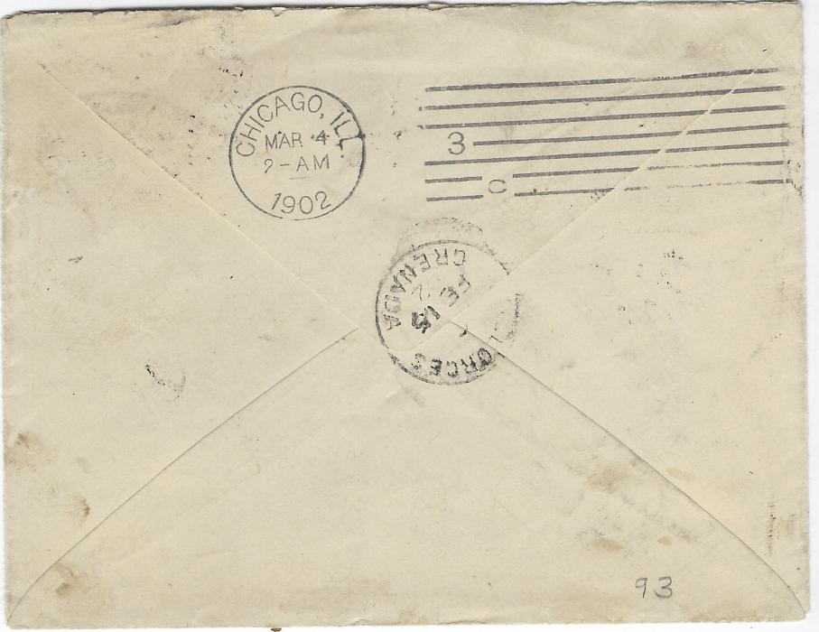 Grenada 1902 (FE 15) envelope to Chicago underfranked with 1895-99 ½d. vertical strip of three tied by three Grenada D date stamps, reverse with St Georges cds and Chicago arrival (Mar 4), obverse shows partly visible ‘T’ handstamp, COLLECT POSTAGE 4 CENTS handstamp and a pair of 2c postage due applied. Ex D Walker.