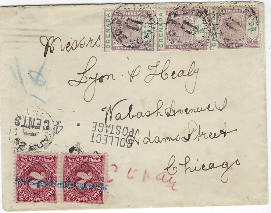 Grenada 1902 (FE 15) envelope to Chicago underfranked with 1895-99 ½d. vertical strip of three tied by three Grenada D date stamps, reverse with St Georges cds and Chicago arrival (Mar 4), obverse shows partly visible ‘T’ handstamp, COLLECT POSTAGE 4 CENTS handstamp and a pair of 2c postage due applied. Ex D Walker.