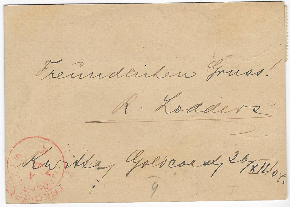 Gold Coast 1905 (6 Jan) ½d. Queen Victoria stationery card to Levuka, Fiji additionally franked 1902 ½d. and 1d. (2) tied unclear Kwitta cds, framed registration bottom right with manuscript number, ‘R’ in oval, Accra transit at top and at right unclear arrival, reverse with red hooded Registered London transit.