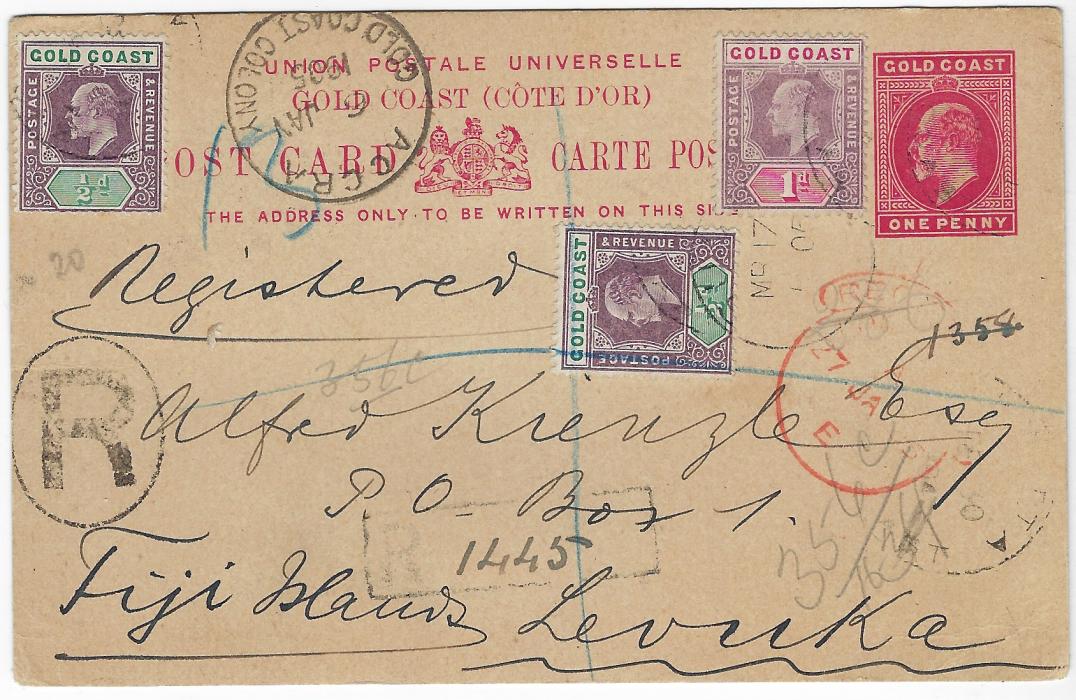 Gold Coast 1904 (DE 30) 1d. postal  stationery card to Levuka, Fiji additionally franked 1902 ½d. (2) and 1d.  tied unclear Kwitta cds, framed registration at base  with manuscript number, ‘R’ in oval at left, Accra transit at top and at right red London transit (7 JA) and Suva arrival cds of MR 17;a fine and most unusual destination.