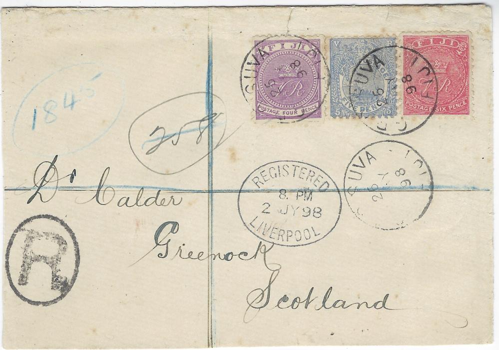 Fiji 1898 (25 May) registered cover to Greenock, Scotland franked 1878-99 4d. and 6d. perf 11 x 11½ plus 1893 5d. perf 11 x 10 tied Suva cds, oval framed ‘R’ at left and manuscript number, oval REGISTERED LIVERPOOL at centre, part arrival backstamp; some slight perf tonings, generally fine appearance.