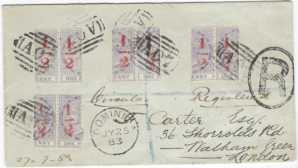 Dominica 1883 (JY 25) registered “Circular” envelope  franked 1882 bisect ‘½‘ on 1d in four severed pairs consisting of stamps from right and left,  tied by ‘A07’ obliterators, cds at base. The envelope was originally addressed and unsealed with flap tucked in to Edinburgh whose cds appears on reverse and re-addressed to London and sealed, the old address carefully removed and new added. Fine and fresh.