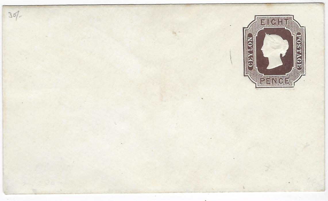 Ceylon 1857-59 8d dark brown postal stationery envelope, type I unused; some slight tones at top edge and mounting remains on reverse. (H&G 6)