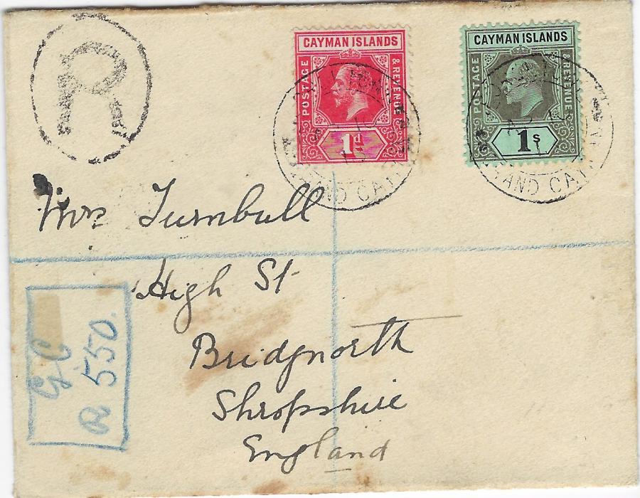 Cayman Islands 1913 (AP 10) registered cover to Bridgnorth franked 1907-09 1/- black/green and 1913 1d., cancelled by double circle Georgetown Grand Cayman date stamps, blue framed manuscript registration at bottom left, reverse with Jamaica transit, Bristol and Birmingham transits and arrival cancel; some slight staining on front.
