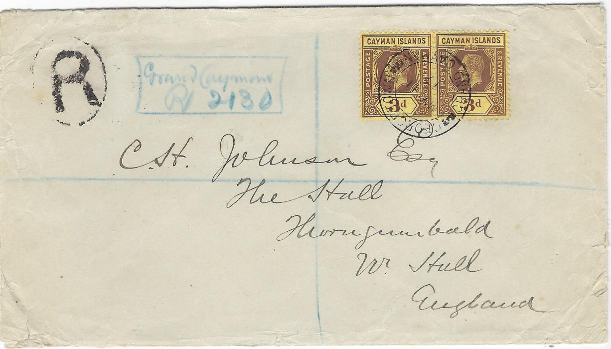 Cayman Islands 1917 (MY 11) registered cover to Hull franked 1908-09 pair 3d. purple/yellow cancelled by double circle Georgetown Grand Cayman date stamp, blue framed manuscript registration at top left, reverse with Jamaica transit, Liverpool transit and Hurstwick arrival cancel; some slight faults to edge of envelope.