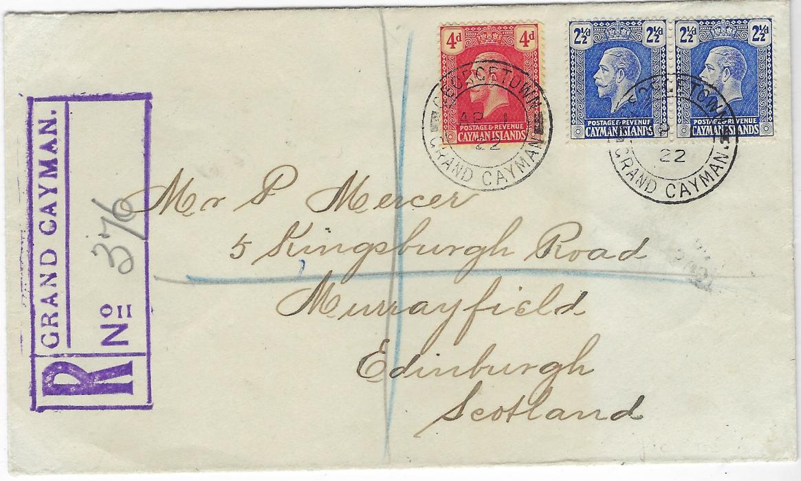 Cayman Islands 1922 (AP 1) registered cover to Edinburgh franked 1921-24 2½d. bright blue pair and 4d. red/yellow tied Georgetown Grand Cayman cds, fine large violet registration handstamp at left, arrival backstamp; very fine, used on first day of issue.