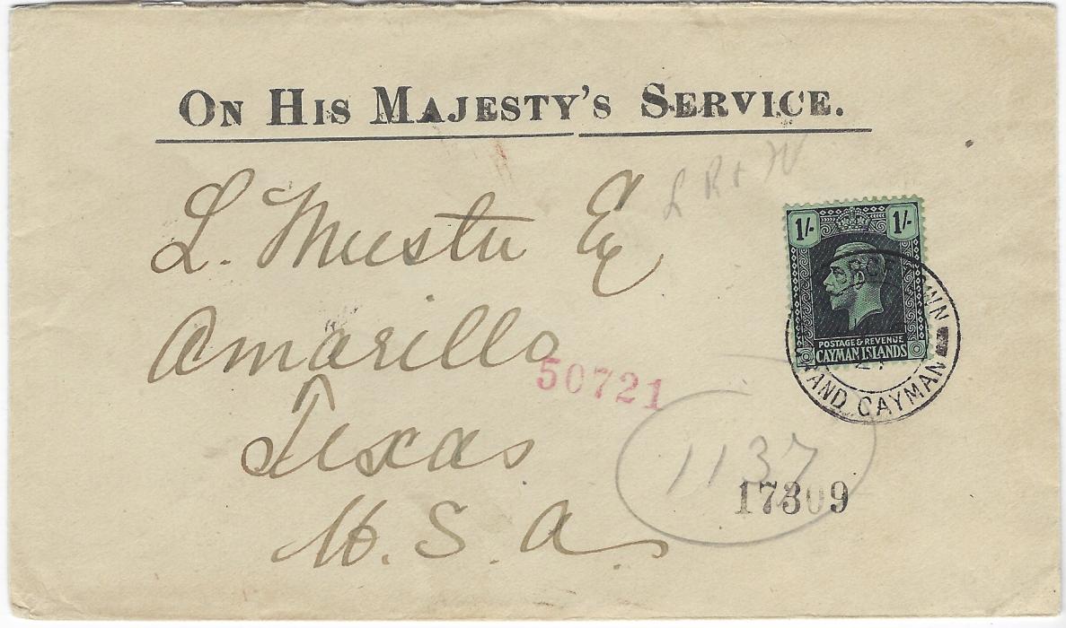Cayman Islands 1921 ‘On His Majesty’s Service’ registered cover to Amarillo,Texas bearing single franking 1s. black/green tied Georgetown Grand Cayman cds, reverse with large violet registration, framed NUEVA GERONA – I.P./ Habana transit and Div De Cert Habana Cuba transit, New Orleans transit and arrival cds.