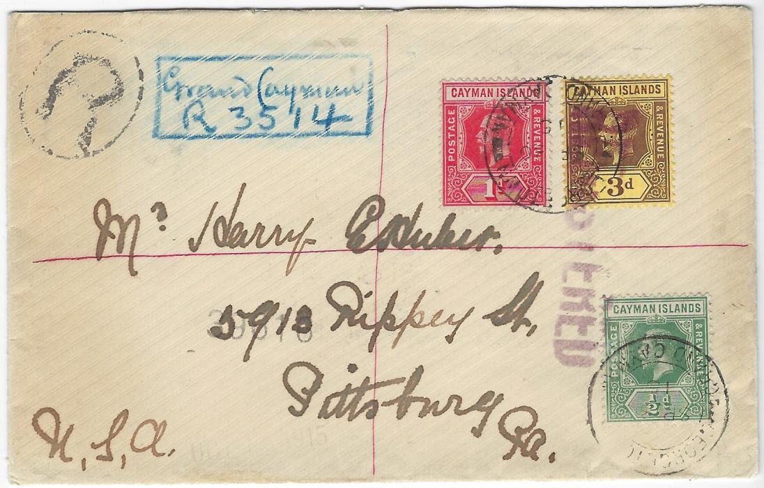 Cayman Islands 1915 registered cover to Pittsburg franked 1908-09 ½d., 1d. and 3d.  Georgetown Grand Cayman cds, blue manuscript registration at top, straight-line American REGISTERED handstamp, revere with New York transits and arrival cds.