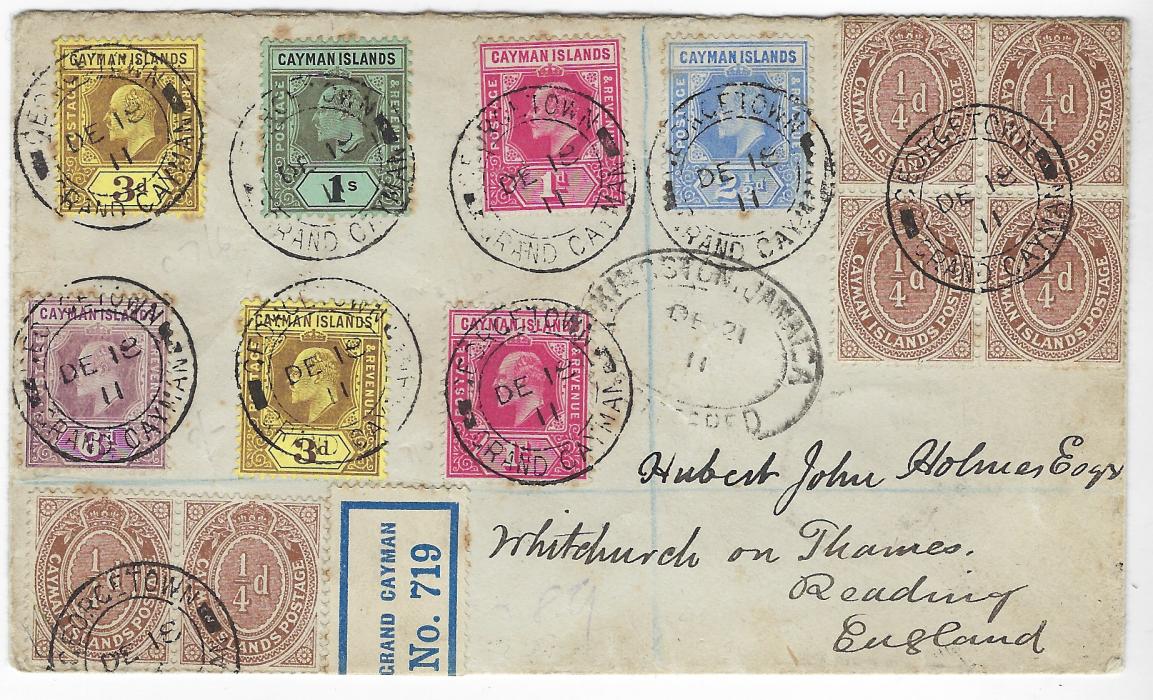 Cayman Islands 1911 (DE 18) multi-franked registered envelope to Reading with 1907-08 1d. (2), 2½d., 3d. (2), 6d. and 1/- (Wmk Mult Crown CA) plus 1908-09 ¼d. pair and block of four tied Georgetown Grand Cayman, registration label, Jamaica transit at centre, reverse with United States Sea P.O. duplex and arrival cancel.