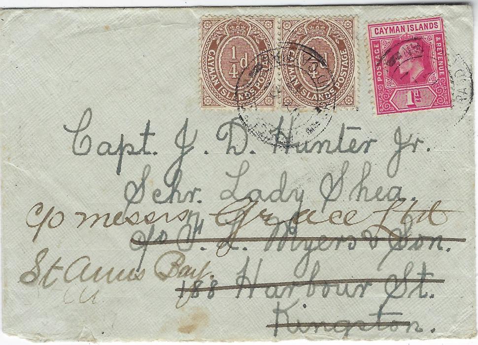 Cayman Islands 1917 (NO 21) envelope to Kingston, Jamaica redirected to St Anns franked 1907-09 1d. and pair 1908 ¼d. cancelled Gerorgetown Grand Cayman, reverse with Kingston transits Myers Wharf arrival and despatch cds plus final unclear arrival; commercial usage of the farthing.

