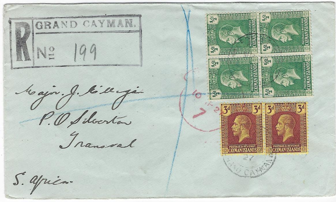 Cayman Islands 1927 (MR 19) registered cover to Transvaal franked ½d. block of four and pair 3d. purple/yellow cancelled Georgetown Grand Cayman cds and by red hooded London transit, fine black registration handstamp at left, reverse with Kingston Jamaica transit and Silverton arrival cds.