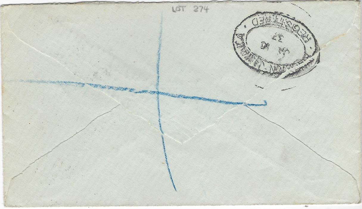 Cayman Islands 1937 (JA 13) registered cover to Scotland bearing single franking 2/- ‘Booby’ tied Georgetown cds, registration handstamp at left with manuscript “8” number alongside, Jamaica transit backstamp.