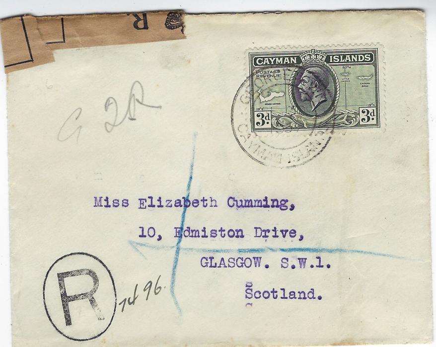 Cayman Islands 1937 registered cove to Glasgow, Scotland bearing single franking 3d. Map tied Georgetown cds. The left corner with Post Office sealing tape tied by South Western S.O. Glasgow cds; unusual on a Caymans cover.