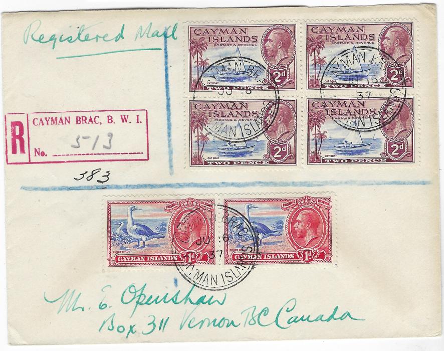 Cayman Islands 1937 (JU 16) registered cover to Canada franked 1935 1d. pair and 2d. block of fou cancelled clear Cayman Brac cds with equally fine red registration handstamp at left, reverse with Montreal transit and Vernon arrival cds.