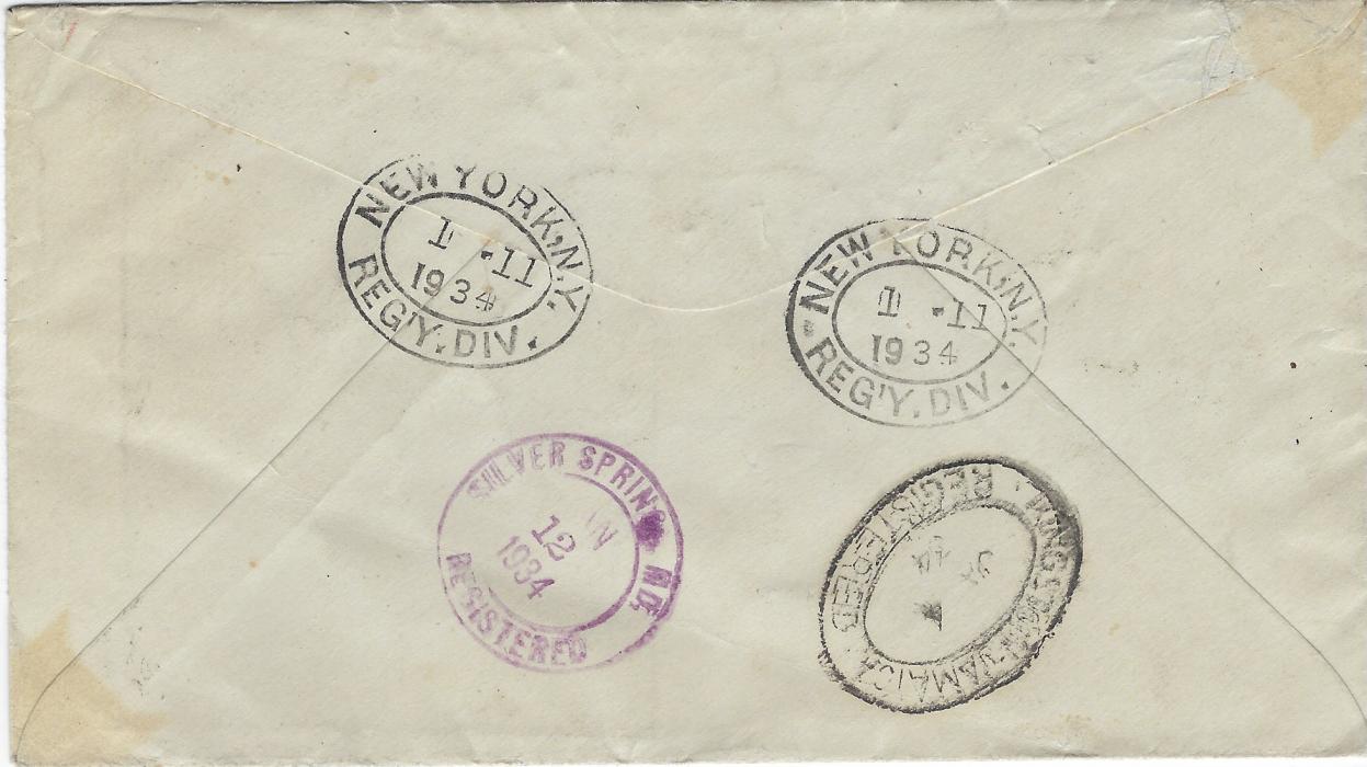 Cayman Islands 1933 (DE 13) registered cover to USA franked 1932 Centenary ¼d. and ½d. blocks of four and a 1½d., reverse with Kingston Jamaica and New York transits plus arrival cds.
