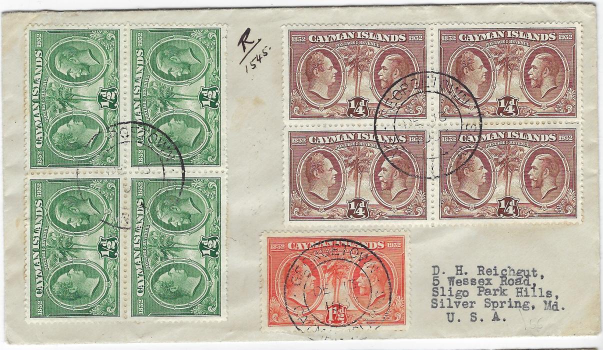Cayman Islands 1933 (DE 13) registered cover to USA franked 1932 Centenary ¼d. and ½d. blocks of four and a 1½d., reverse with Kingston Jamaica and New York transits plus arrival cds.