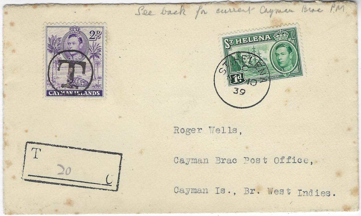 Saint Helena 1939 (NO 10) cover to Cayman Brac Post Office underfranked 1938-44 1d. green tied clear cds, bottom left framed ‘T/C’ handstamp with manuscript charge, a 1938-48 2d. ‘Turtles’ cancelled with ‘T’ in circle, reverse with Cayman Brac cds of JA 20, (the earliest recorded date); a little tone spotting.