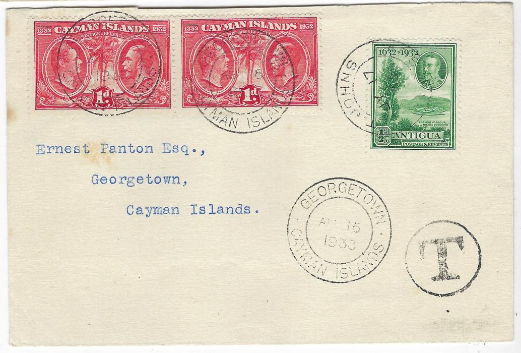 Cayman Islands 1933 (JY 17) underfranked ‘Panton’ envelope from St John’s Antigua bearing 1932 Tercentenary ½d., circular-framed ‘T’ and pair of Centenary 1d. applied and tied Georgetown cds, repeated at base and on reverse; fine clean condition.