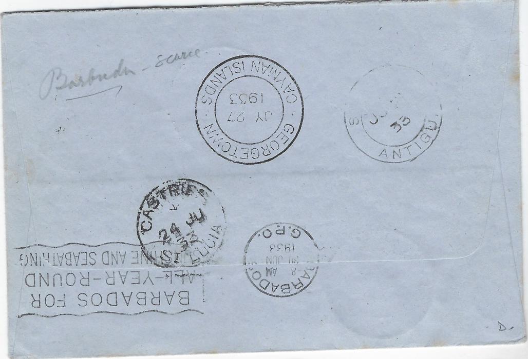 Cayman Islands 1933 (JU 16) ‘Panton’ envelope incoming from Barbuda franked Antigua 1932 Tercentenary ½c. tied Barbuda B.W.I. cds, ‘T’ in circle handstamp applied at Georgetown and franked two 1d. Centenary tied double-ring date stamp, repeated on reverse together with St Johns, Castries St Lucia and Barbados transits.