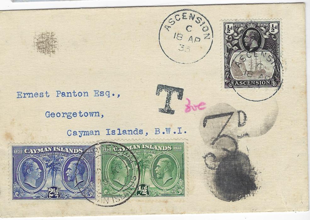 Cayman Islands 1933 (18 AP) underfranked ‘Panton’ envelope from Ascension with ½d. tied index ‘C’ cds, black handstamped ‘T’ with reddish violet “30”, also with ‘3d’ handstamp that has been partly blacked-out, on arrival 1932 Centenary ½d. and 2½d. added and tied Georgetown cds, repeated on reverse.