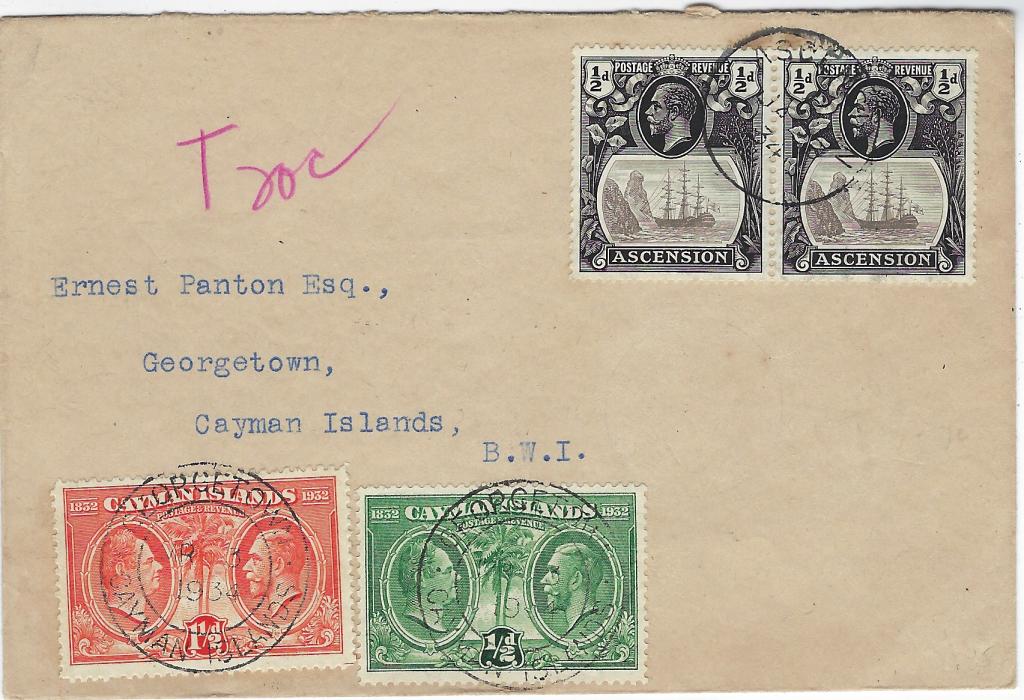 Cayman Islands 1933 (JA 23) underfranked ‘Panton’ envelope from Ascension with ½d. pair tied index ‘C’ cds, reddish violet “T 20c”, on arrival 1932 Centenary ½d. and 1½d. added and tied Georgetown cds, repeated on reverse.