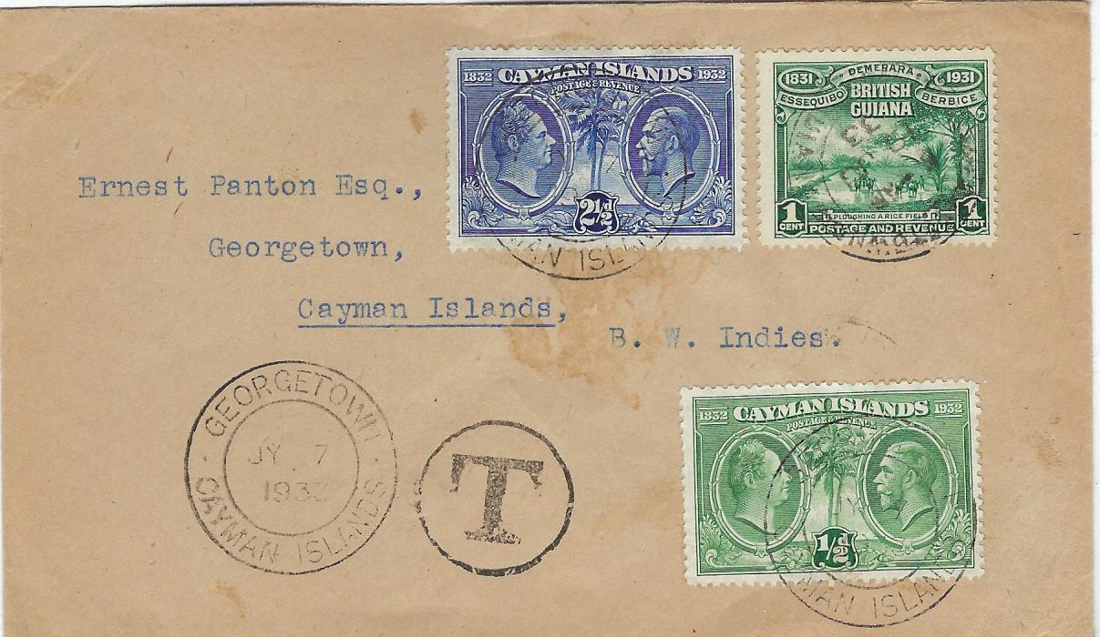 Cayman Islands 1933 (19 JU) underfranked ‘Panton’ envelope from British Guiana  with 1c. Centenary  tied cds, ‘T’ in circle handstamp,  on arrival 1932 Centenary ½d. and 2½d. added and tied Georgetown cds, repeated at left and on reverse; some glue staining.
