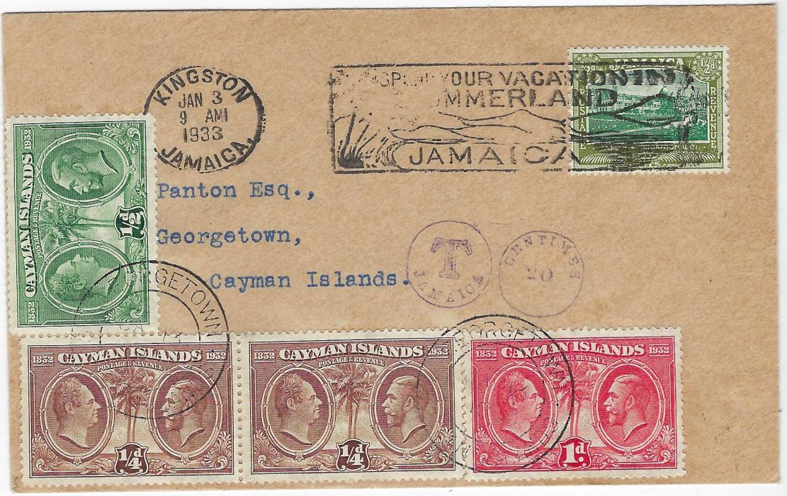 Cayman Islands 1933 (JAN 3) underfranked ‘Panton’ envelope from Kingston, Jamaica with ½c. tied Tourist slogan and cds, ‘Opera Glasses’ postage due handstamp, on arrival 1932 Centenary ¼d. (2), ½d. and 1d. added and tied Georgetown cds, repeated at left and on reverse; fine.