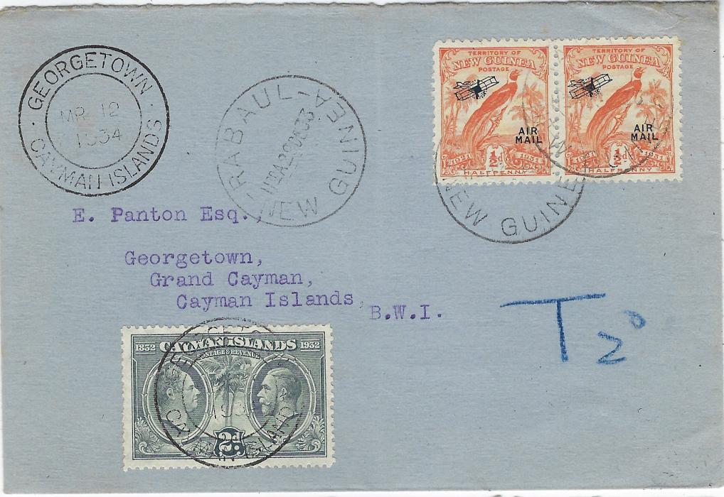 Cayman Islands 1933 (29 DE) underfranked ‘Panton’ envelope from New Guinea   with ½c. ‘Air Mail’ tied  Rabaul cds, blue handstamped “T 2d”,  on arrival 1932 Centenary 2d. added and tied Georgetown cds, repeated at top and on reverse; light vertical filing crease.