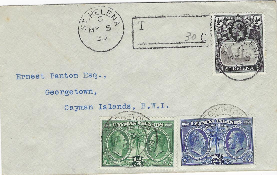 Cayman Islands 1933 (MY 5) underfranked ‘Panton’ envelope from Saint Helena   with ½d. tied  index C  cds, black handstamped framed T ....C  with manuscript “30” ,on arrival 1932 Centenary ½d. and 2½d. added and tied Georgetown cds, repeated on reverse; fine condition.
