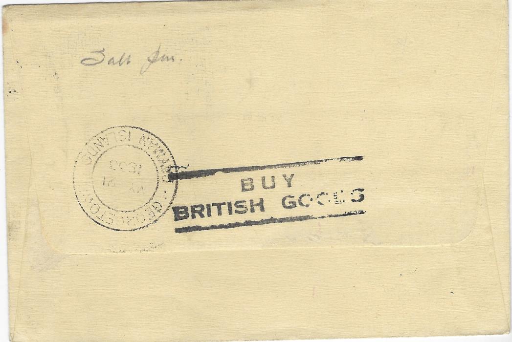 Cayman Islands 1933 (MY 5) underfranked ‘Panton’ envelope from Turks & Caicos Islands  with two ¼d. , one tied cds and the other four-line SALT slogan, black circular framed  ‘T’  with manuscript “3c” ,on arrival 1932 Centenary 3d. added and tied Georgetown cds, repeated on reverse, which also has fine BUY BRITISH GOODS slogan; fine condition.