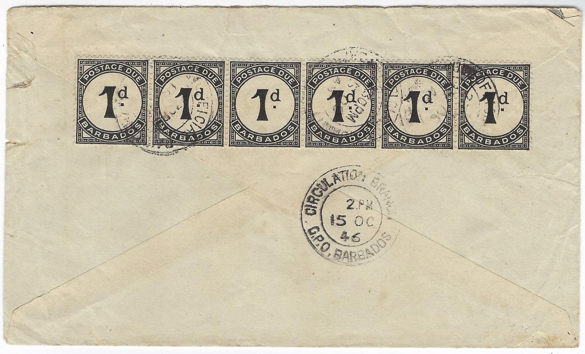 Barbados 1946 incoming underfranked airmail cover from London to Bridgetown, Barbadoes with hexagonal framed ‘T’ and on reverse 1934-47 1d. black Postage Due in horizontal strip of six cancelled by three Official Paid cds with Circulation Branch cds below.