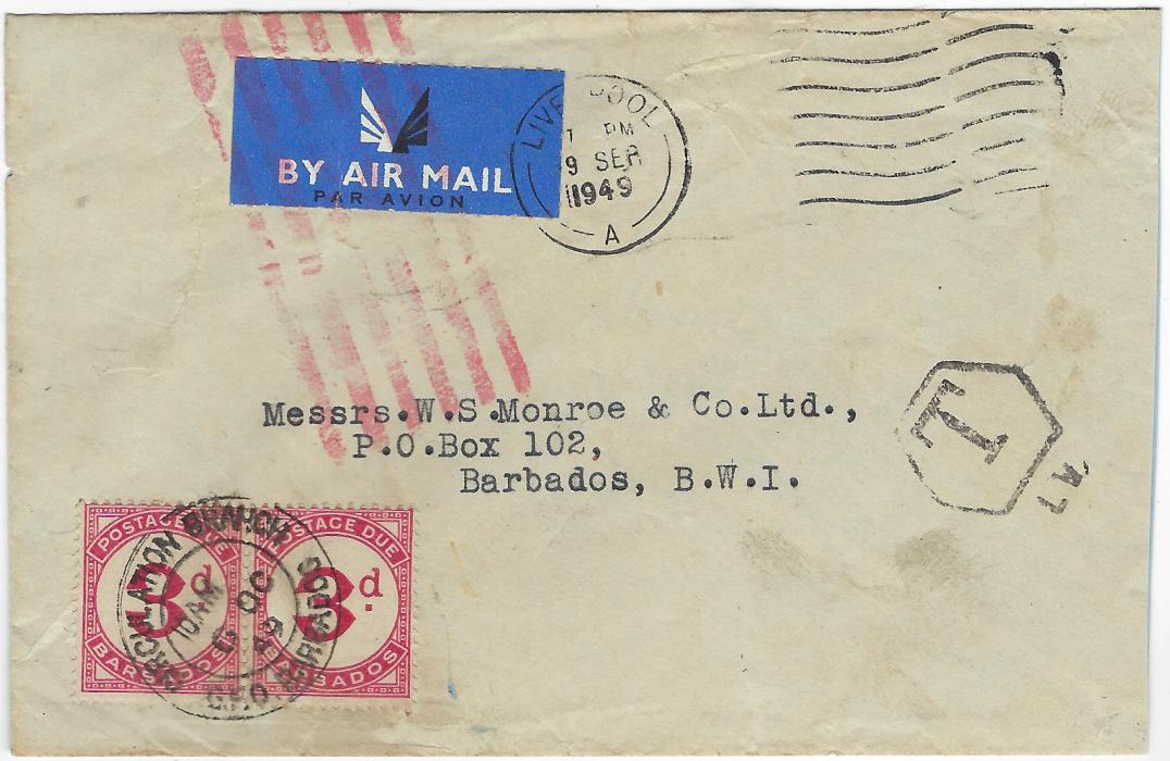 Barbados 1949 incoming stampless airmail cover from London with hexagonal framed ‘T’ and on front  1934-47 3d. carmine Postage Due pair cancelled by Circulation Branch cds below; some slight grubbiness not detracting unduly from appearance.