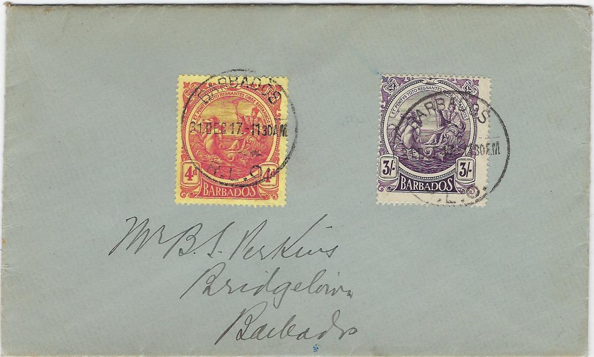 Barbados 1917 (31 Dec) local philatelic envelope franked 1916-19 4d. red/yellow and 3/- deep violet, each tied by clear cds; without backstamps, 3/- scarce on any form of cover.