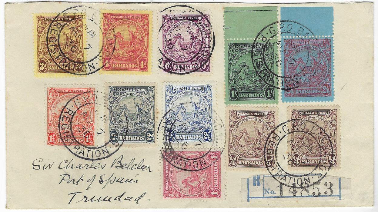 Barbados 1936 (AU 7) multi franked registered cover to Port of Spain, Trinidad bearing 1925-35 ‘Badge of Colony’ values ¼d. (2), 1d. to 1/- and a 2/6d. cancelled G.P.O.  Barbados Registration double-ring date stamps, repeated twice on reverse, arrival backstamp.