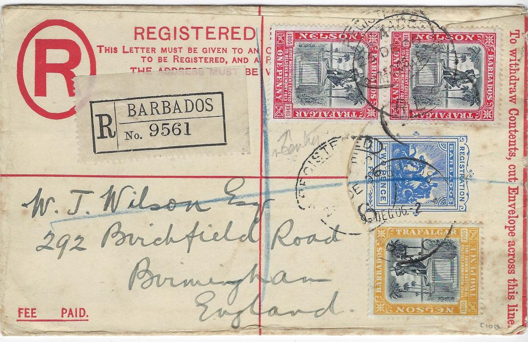 Barbados 1906 (9 DE) 2d. registered postal stationery envelope uprated Nelson Centenary 1d. (2) and 2d. tied by despatch cds, London transit and arrival cancels; some slight tone spotting at right edge.