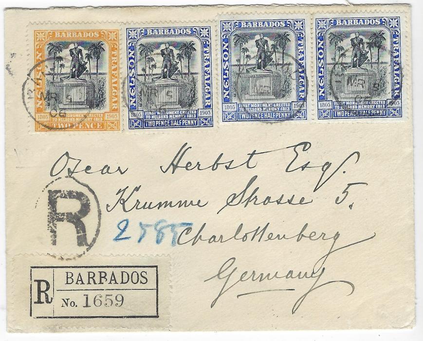 Barbados 1906 (MR 5) registered cove to Germany franked ‘Nelson Centenary’ 2d. black and yellow plus three 2½d. each with small cds, registration handstamp and etiquette label bottom left, arrival backstamp.