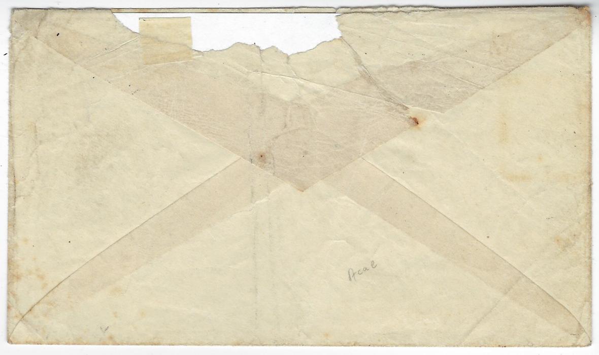 Bermuda (Soldiers Letter) 1883 (FE 1) Soldier’s concessionary envelope to London endorsed “from No C 1939 Corporal Frederick Harrow/ Commissariat of Transport Corps” and countersigned by Officer from the same corps, franked by 1865-1903 2d. tied by blue Hamilton duplex; some toning around perfs and small part of backflap missing, a great rarity with only two recorded paying the 2d rate.