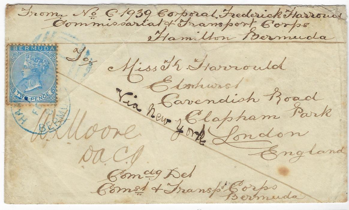 Bermuda (Soldiers Letter) 1883 (FE 1) Soldier’s concessionary envelope to London endorsed “from No C 1939 Corporal Frederick Harrow/ Commissariat of Transport Corps” and countersigned by Officer from the same corps, franked by 1865-1903 2d. tied by blue Hamilton duplex; some toning around perfs and small part of backflap missing, a great rarity with only two recorded paying the 2d rate.