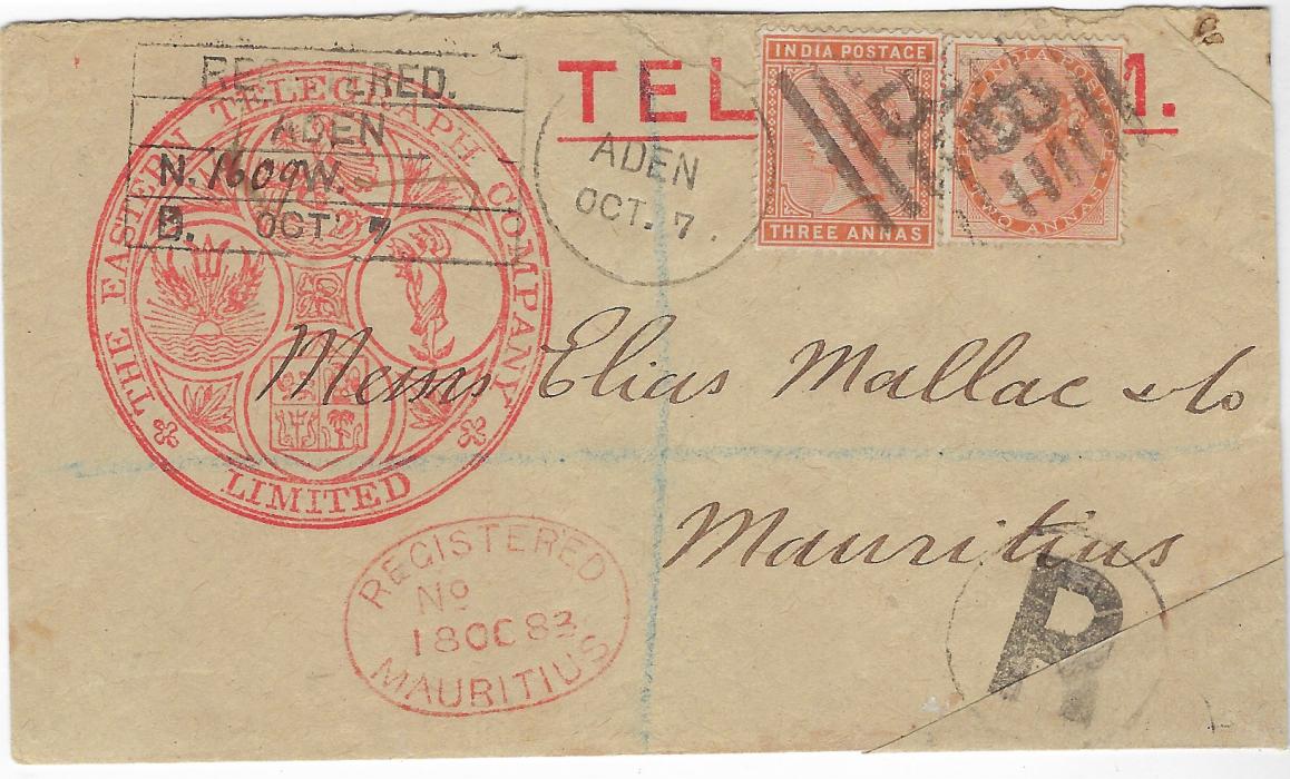 Aden 1883 (Oct. 7) ‘The Eastern Telegraph Company’ printed Telegram envelope registered to Mauritius bearing mixed issue India franking of 1865 2a. brown-orange and 1882-90 3a brown-orange with two ‘B’ within bars cancels, Aden cds to left and four-line dated Registration handstamp, ‘R’ in circle bottom right and to left red oval Registered Mauritius. The envelope has had a new corner added at bottom right, a rare mixed franking.