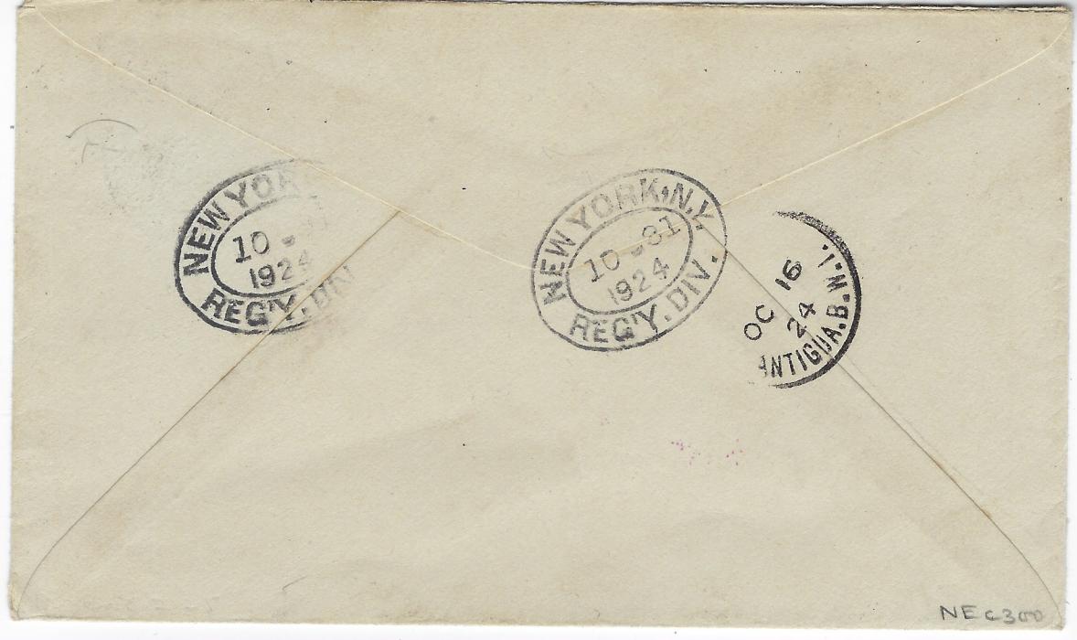 Barbuda 1924 (OC 13) registered cover to Delia, Kansas bearing single franking 1922 1s black/emerald tied single cds, reddish pink registration handstamp at left, reverse with Antigua transit and New York cancels; good condition.