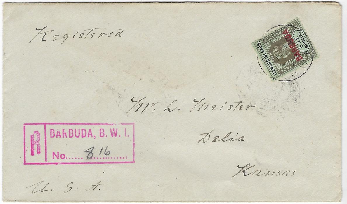 Barbuda 1924 (OC 13) registered cover to Delia, Kansas bearing single franking 1922 1s black/emerald tied single cds, reddish pink registration handstamp at left, reverse with Antigua transit and New York cancels; good condition.