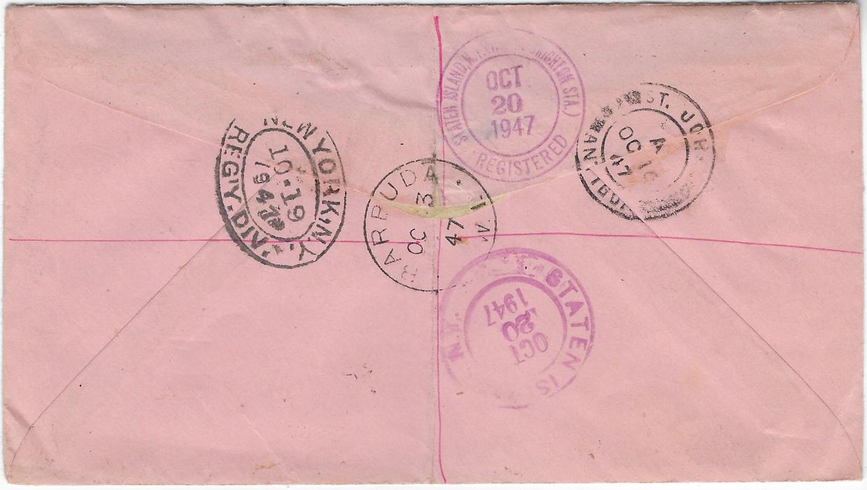 Barbuda 1947 registered pink envelope to New York bearing single franking Antigua 2/6d. ‘Fort James’ tied single cds, registration label at left, reverse with further despatch, St John’s Antigua transit, New York transit and Staten Islands arrivals.