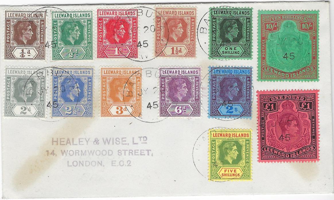 Barbuda 1945 (JY 20) ‘Healey & Wise’ envelope franked Leeward Islands set of the 13 current values tied by nine strikes of Barbuda cds, various printings including the original chalky 5/-, the very scarce 10/- (SG 113a) and £1 (SG 114b); some slight staining from the envelope glue.