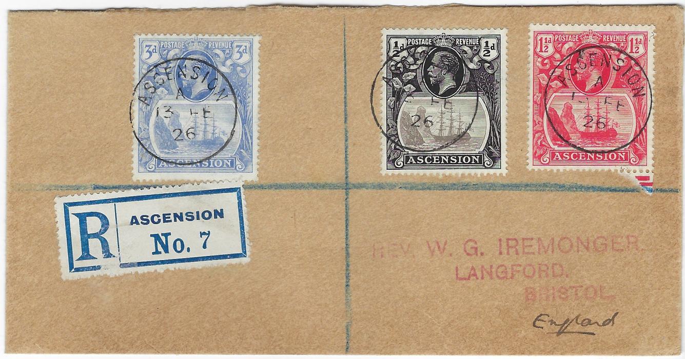 Ascension 1926 (13 FE) registered ‘Iremonger’ envelope to Bristol franked 1924-33 ‘Badge of St. Helena’ ½d., 1½d. and 3d. each tied cds, Plymouth transit backstamp; small fault to registration label otherwise fine.