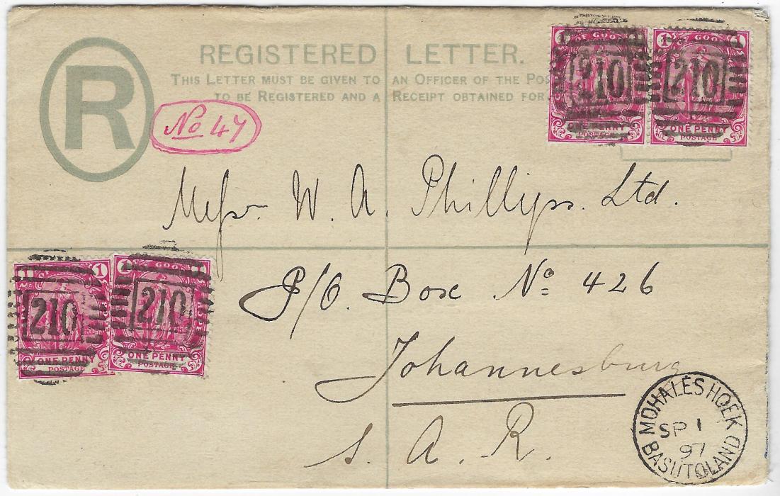 Basutoland 1897 (SP 1) 4d. Cape of Good Hope ‘Four Pence’ stationery registration envelope uprated on front with four 1893 1d. ‘Hope’ each neatly cancelled by ‘210’ barred numeral, at bottom right a fine strike of Mohaleshoek Basutoland cds; a little roughly opened on reverse, fine appearance.